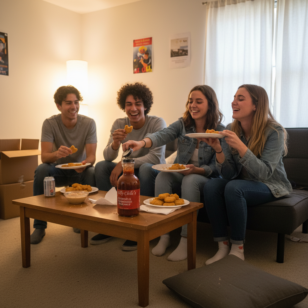 Adults eating chicken nuggets with Chipotle Habanero Ketchup - first apartment vibes