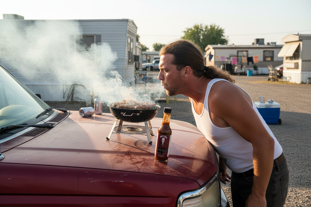 Kid Rock style redneck grilling on truck hood with Black Garlic Smoke Show