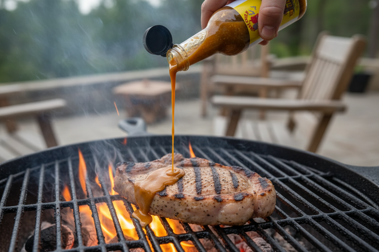 Vampire Repellant pouring on grilled pork